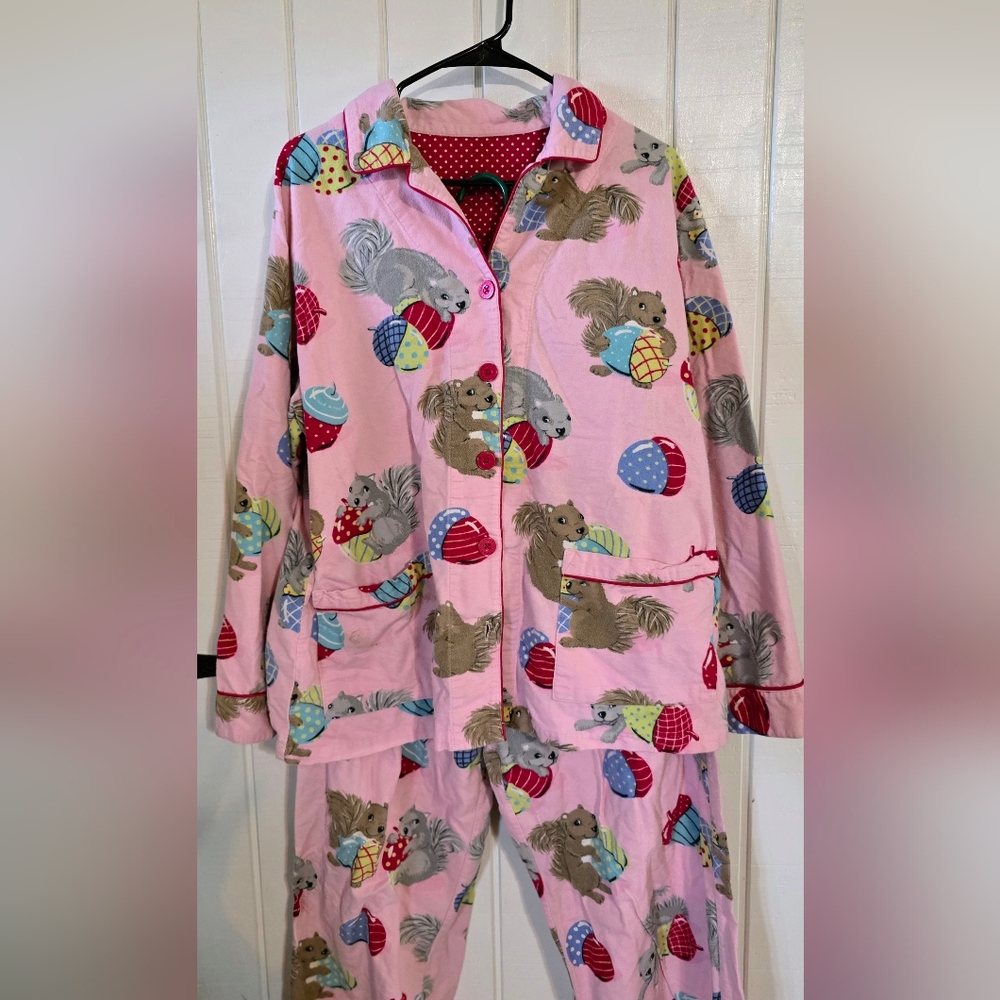 Vintage Nick & Nora Pink Squirrel Christmas Print Women's Pajama Set XL
